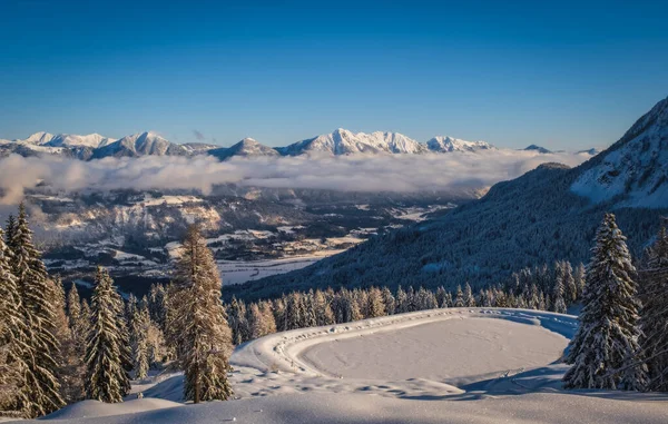 Alpenglow Atardecer Pico Montaña Estación Esquí Nassfeld Carintia Austria Enero —  Fotos de Stock