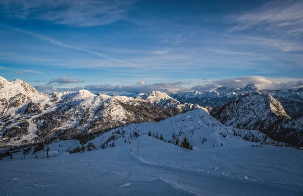 Mountain ski resort Nassfeld near Hermagor, Austria - morning view of well prepared slopes with no people. January 2022