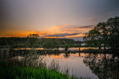 Morozy köyü bölgesi Lviv 'den Bartatov Bartativ' in uzun gün batımı manzarası. Göl ve orman. Lviv bölgesi, Ukrayna. Mayıs 2020