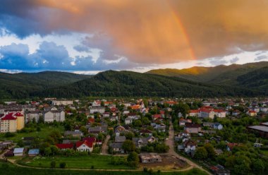 Skole, Ukraine, beautiful sunset over Skole Beskids National Nature Park. View from drone on Skole town
