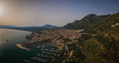 Castellammare del Golfo, Sicily, Italy. June 2023, sunny early morning. Aerial drone panoramic picture. clipart