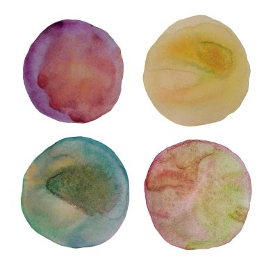 Soyut suluboya renkli daire izole edildi. Renkli el, organik yuvarlak lekeli resim çizmiş. Element İllüstrasyonu