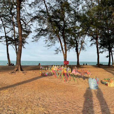 Songkhla, Tayland - 30 Nisan 2024: akşam fotoğraf çekildi. Chalatat Sahili 'nin fotoğrafı Samila Sahili' nden devam eden uzun bir sahil. Çam ağacı, renkli uçurtmalar ve çiftlerin gölgesi de dahil.