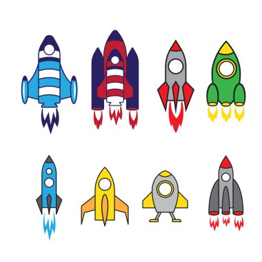 renkli roket simgesi çizgi film seti