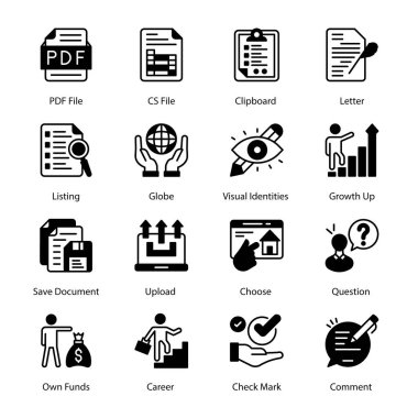 Yargı, Zenginlik, Yükselme, Negatif Dinamik, Profesyonel Büyüme, Deadline, Neşe, Serbest, Liderlik, Güven, Vurgu, Finansal Yönetim, Glyph Simgeleri - Sağlam, Vektörler