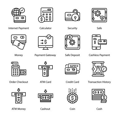 Kredi Kartı, İşlem Geçmişi, İnternet Ödemesi, Hesap Makinesi, Güvenlik, Kasa, Sipariş Hesabı, ATM Kartı, ATM Para, Nakit Para, Para, Taslak Simgeler