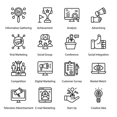 Mobil Araştırma, Anket, Video Pazarlama, Kontrat, Sosyal Medya, Planlama, E-ticaret, Remarketing, Öntanımlı, Haber & Olayları, Telif Yazıları, Taslak Simgeler - Felç, Vektörler