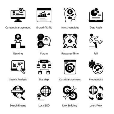 İniş Sayfası, Kullanılabilirlik Denetleme, Web İyiliği, Arama, Web Geliştirme, Sayfa Hızı, İpotek Yazılımı, Mobil Optimizasyon, Web Tasarımı, Glyph Simgeleri - Solid, Vektörler