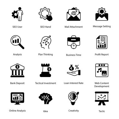 SEO Kullanıcı, SEO Hand, E- posta Eklentisi, İleti Ayarları, Banka Mevduatı, Taktik Yatırım, Kredi Faiz Oranı, Web İçeriği Geliştirme, Yaratıcılık, Taktik, Analiz Glifi Simgeleri - Sağlam, Vektörler
