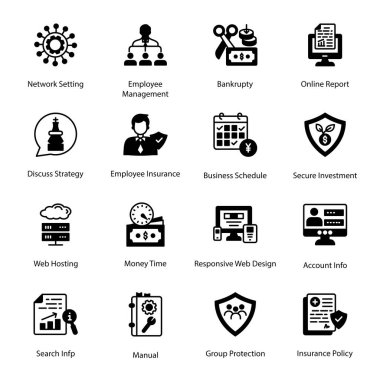 Ağ Ayarlama, Çalışanların Yönetimi, İflas, Çevrimiçi Rapor, Web Sunucusu, Para Zamanı, Karşılıklı Web Tasarımı, Hesap Bilgisi, Grup Koruma, Sigorta Politikası, Gliph Simgeleri - Somut, Vektörler