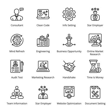 Tokalaşma, Zaman Para, Danışmanlık, Temiz Kod, Bilgi Ayarlama, Yıldız İşveren, Denetleme Testi, Pazarlama Araştırması, Takım Bilgileri, Yıldız Çalışanları, Web Sitesi İyimserleştirme, Taslak Simgeler - Felç, Vektörler