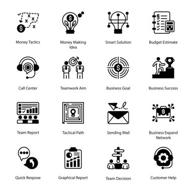 Para Taktikleri, Para Yapımı Fikri, Akıllı Çözüm, Bütçe Tahmini, Takım Raporu, Taktik Yol, Posta Gönderme, İş Ağı, Takım Kararı, Müşteri Yardımı, Gliph Simgeleri - Sağlam, Vektörler