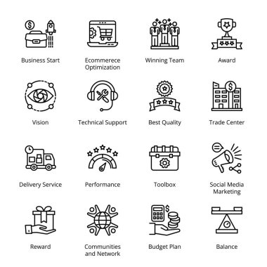 Business Start, Etrade optimization, Winning Team, Award, Delivery Service, Performans, Toolbox, Social Media Marketing, Budget Plan, Denge, Vizyon, Taslak Simgeler - Felç, Vektörler