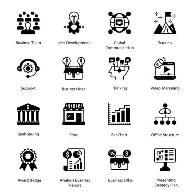 İş Ekibi, Fikir Geliştirme, Küresel İletişim, Başarı, Banka Tasarruf, Mağaza, Baro Çizelgesi, Ofis Yapısı, İş Teklifi, Sunum Stratejisi Planı, Destek, İş Glifi Simgeleri - Solid, Vektörler