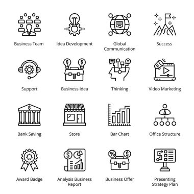 İş Ekibi, Fikir Geliştirme, Küresel İletişim, Başarı, Banka Tasarruf, Mağaza, Bar Çizelgesi, Ofis Yapısı, İş Teklifi, Sunum Stratejisi, Destek, İş Taslak Simgeleri - Felç, Vektörler