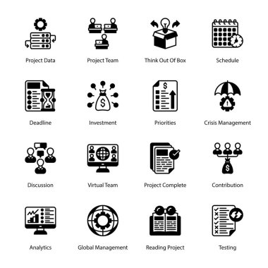 Project Data, Project Team, Think Out Of Box, Schedule, Deadline, Investment, Priorities, Crisis Management, Discussion, Virtual Team, Project Complete,  Glyph Icons - Solid, Vectors