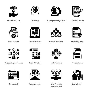 Project Solution, Thinking, Strategy Management, Data Protection, Project Goals, Configuration, Human Resource, Project Quality, Project Dependencies, Project Status, Glyph Icons - Solid, Vectors