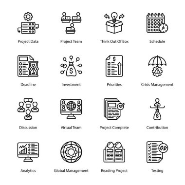 Project Data, Project Team, Think Out Of Box, Schedule, Deadline, Investment, Priorities, Crisis Management, Discussion, Virtual Team, Project Complete,  Outline Icons - Stroked, Vectors