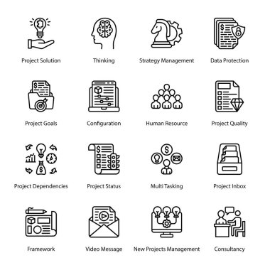 Project Solution, Thinking, Strategy Management, Data Protection, Project Goals, Configuration, Human Resource, Project Quality, Project Dependencies, Project Status, Outline Icons - Stroked, Vectors