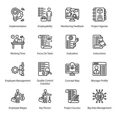 Implementation, Employability, Monitoring Feedback, Project Agenda, Working Time, Focus On Tasks, Evaluation, Instructions, Employee Management, Quality Control Checklist Outline Icons - Stroked, Vectors