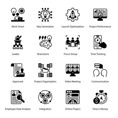 Work Smart, Idea Generation, Launch Optimization, Project Performance, Approved, Project Organization, Video Meeting, Communication, Online Project, Time is Money,  Glyph Icons - Solid, Vectors clipart