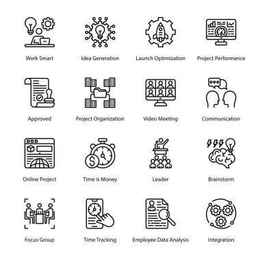 Work Smart, Idea Generation, Launch Optimization, Project Performance, Approved, Project Organization, Video Meeting, Communication, Online Project, Time is Money,  Outline Icons - Stroked, Vectors