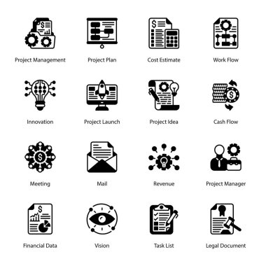 Project Management, Project Plan, Cost Estimate, Work Flow, Meeting, Mail, Revenue, Project Manager, Task List, Legal Document, Innovation, Project Launch, Project Idea,  Glyph Icons - Solid, Vectors