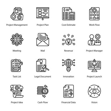 Project Management, Project Plan, Cost Estimate, Work Flow, Meeting, Mail, Revenue, Project Manager, Task List, Legal Document, Innovation, Project Launch, Project Idea,  Outline Icons - Stroked, Vectors