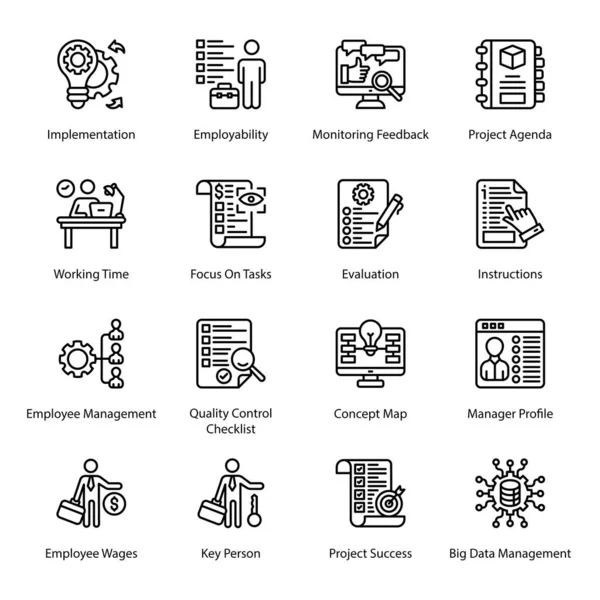 Implementation, Employability, Monitoring Feedback, Project Agenda, Working Time, Focus On Tasks, Evaluation, Instructions, Employee Management, Quality Control Checklist Outline Icons - Stroked, Vectors