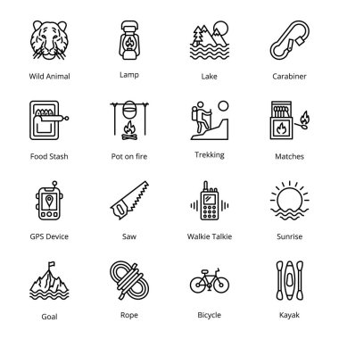 Wild Animal, Lamp, Lake, Carabiner, GPS Device, Saw, Walkie Talkie, Sunrise, Bicycle, Kayak, Food Stash, Pot on fire,Trekking, Matches, Goal, Rope, Outline Icons - Stroked, Vectors