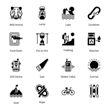 Wild Animal, Lamp, Lake, Carabiner, GPS Device, Saw, Walkie Talkie, Sunrise, Bicycle, Kayak, Food Stash, Pot on fire,Trekking, Matches, Goal, Rope, Glyph Icons - Solid, Vectors