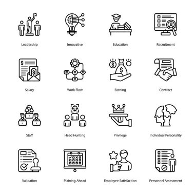 Leadership, Innovative, Education, Recruitment, Salary, Work Flow, Earning, Contract, Staff, Head Hunting, Privilege, Individual Personality, Validation, Outline Icons - Stroked, Vectors
