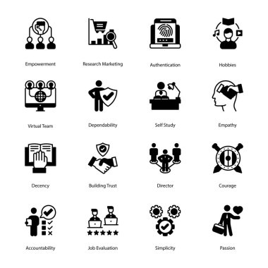 Empowerment, Research Marketing, Authentication, Hobbies, Virtual Team, Dependability, Self Study, Empathy, Decency, Building Trust, Director Glyph Icons - Solid, Vectors