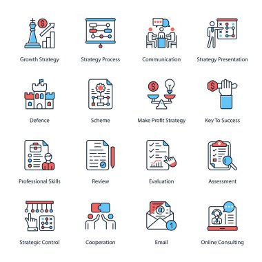 Growth Strategy, Strategy Process, Communication, Strategy Presentation, Defence, Scheme, Make Profit Strategy, Key To Success, Professional Skills, Review, Minimal Color Icons - Stroked, Vectors