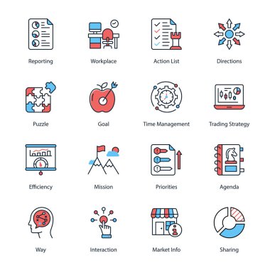 Reporting, Workplace, Action List, Directions, Puzzle, Goal, Time Management, Trading Strategy, Efficiency, Mission, Priorities, Agenda, Way, Interaction,  Minimal Color Icons - Stroked, Vectors