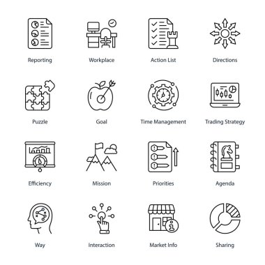 Reporting, Workplace, Action List, Directions, Puzzle, Goal, Time Management, Trading Strategy, Efficiency, Mission, Priorities, Agenda, Way, Interaction,  Outline Icons - Stroked, Vectors