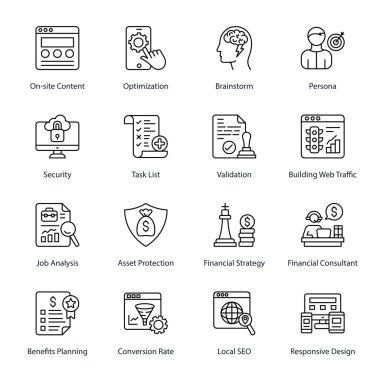 Onsite Content, Optimization, Brainstorm, Persona, Security, Task List, Validation, Building Web Traffic, Job Analysis, Asset Protection, Financial Strategy,  Outline Icons - Stroked, Vectors