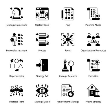 Strategy Framework, Strategy Tools, Plan, Planning Ahead, Personal Assessment, Process, Focus, Organizational Resources, Dependencies, Strategy Exit, Glyph Icons - Solid, Vectors