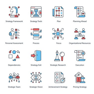 Strategy Framework, Strategy Tools, Plan, Planning Ahead, Personal Assessment, Process, Focus, Organizational Resources, Dependencies, Strategy Exit, Minimal Color Icons - Stroked, Vectors