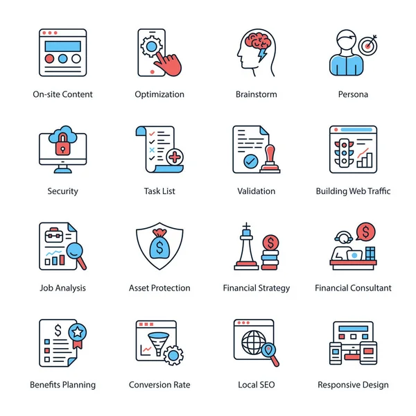 Onsite Content, Optimization, Brainstorm, Persona, Security, Task List, Validation, Building Web Traffic, Job Analysis, Asset Protection, Financial Strategy,  Minimal Color Icons - Stroked, Vectors