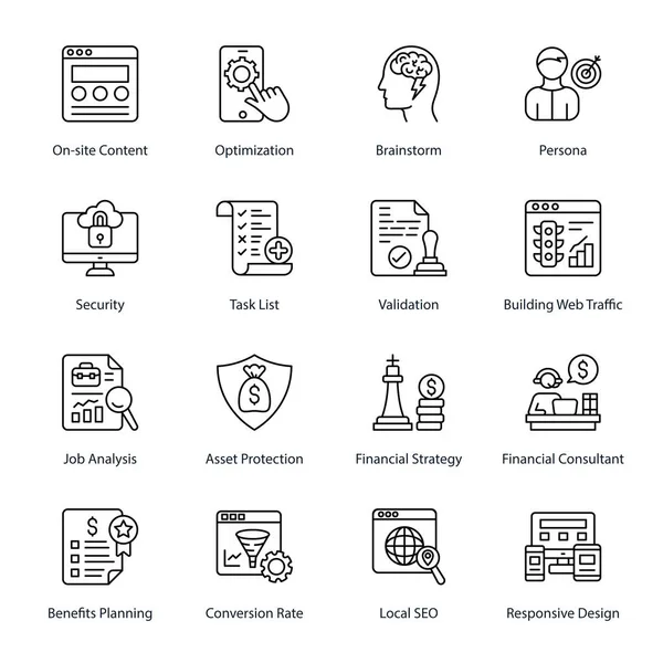 Onsite Content, Optimization, Brainstorm, Persona, Security, Task List, Validation, Building Web Traffic, Job Analysis, Asset Protection, Financial Strategy,  Outline Icons - Stroked, Vectors