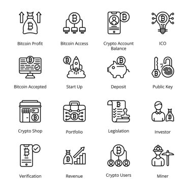 Bitcoin Profit, Bitcoin Access, Crypto Account Balance, ICO, Crypto Shop, Portfolio, Legislation, Investor, Crypto Users, Miner, Bitcoin Accepted, Start Up, Outline Icons - Stroked, Vectors