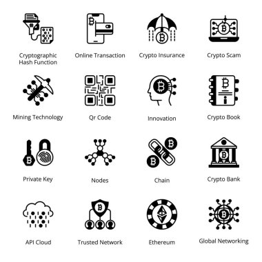 Chain, Crypto Bank, Cryptographic Hash Function, Online Transaction, Crypto Insurance, Crypto Scam, Private Key, Nodes, API Cloud, Glyph Icons - Solid, Vectors