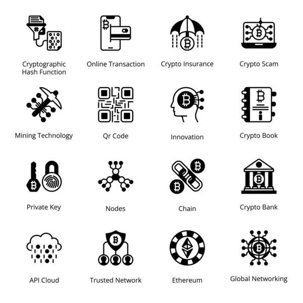 Chain, Crypto Bank, Cryptographic Hash Function, Online Transaction, Crypto Insurance, Crypto Scam, Private Key, Nodes, API Cloud, Glyph Icons - Solid, Vectors