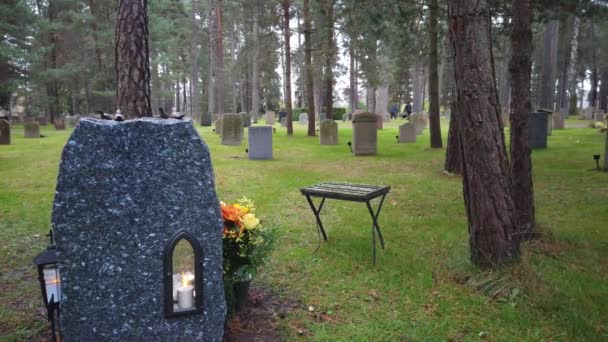 Прогулка Парке Кладбища Среди Могил Осенний День — стоковое видео