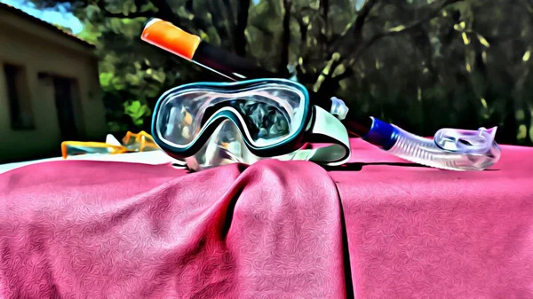 ダイビングマスクとシュノーケルは 庭園のテーブルの上にピンクのタオルに置かれています — ストック写真