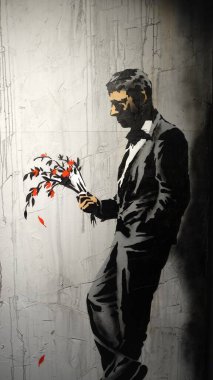 Stockholm, İsveç, 29 Aralık 2023. Sanat sergisi. Banksy 'nin gizemi. Dahi bir zeka. Smokin..