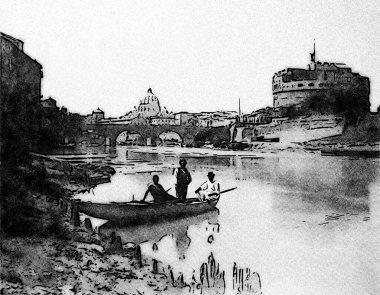 19. yüzyılın sonlarında Roma 'da bir nehirde kara beyaz bir tekne manzarası. Köprü, bazilika ve arka planda kale..
