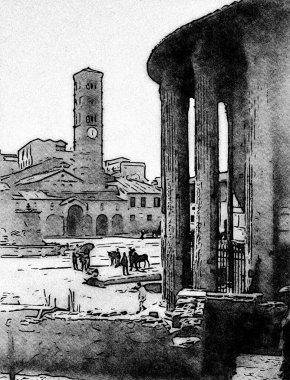 19. yüzyılın sonlarında Roma 'nın meydanlarından birine bir tapınak ve bazilika ile siyah beyaz bir bakış..