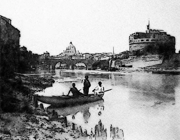 19. yüzyılın sonlarında Roma 'da bir nehirde kara beyaz bir tekne manzarası. Köprü, bazilika ve arka planda kale..